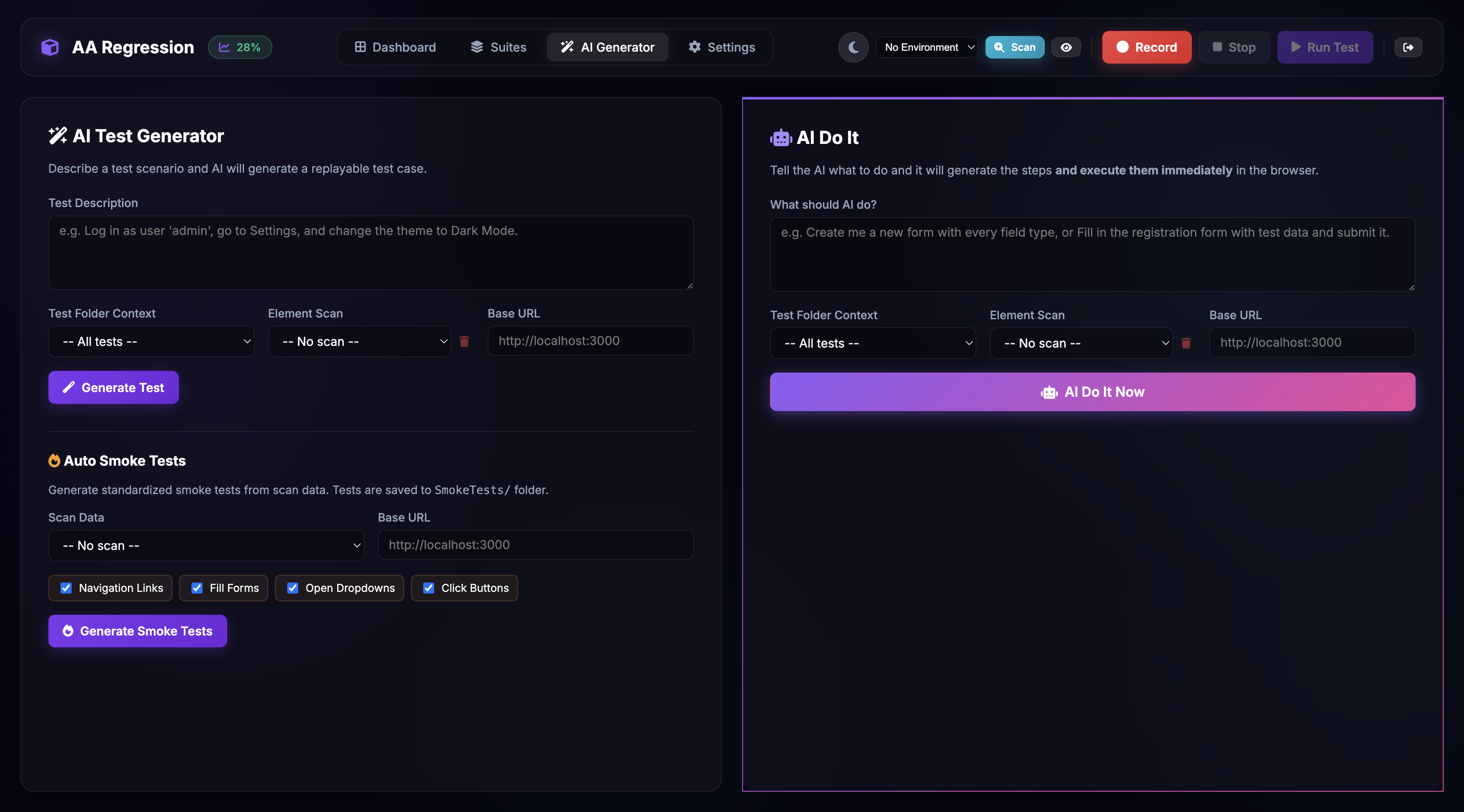 AI Test Generator with natural language input, AI Do It button, and Auto Smoke Tests panel
