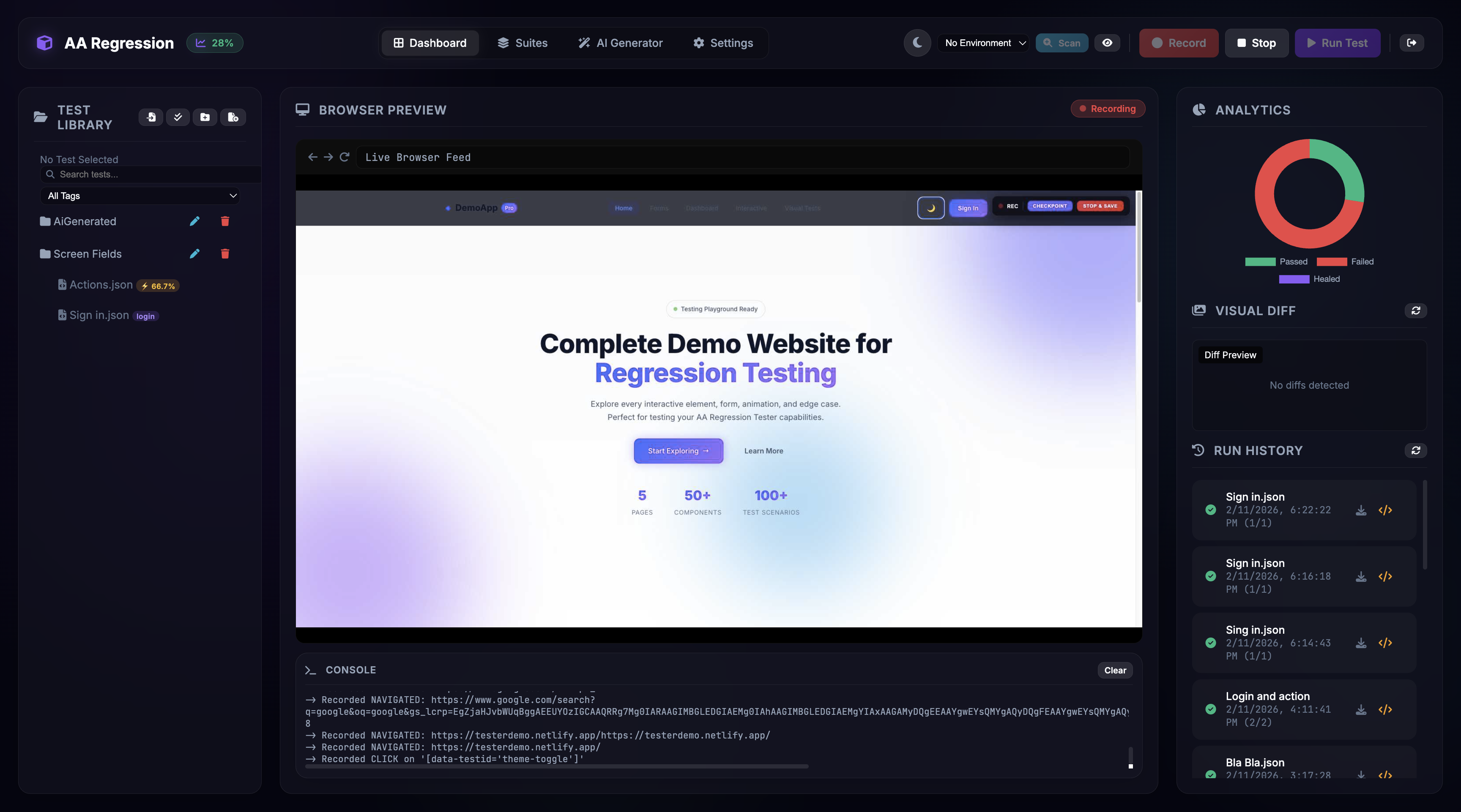 AA Regression Tester Dashboard with 3-column layout showing test library, browser preview, and visual diff viewer