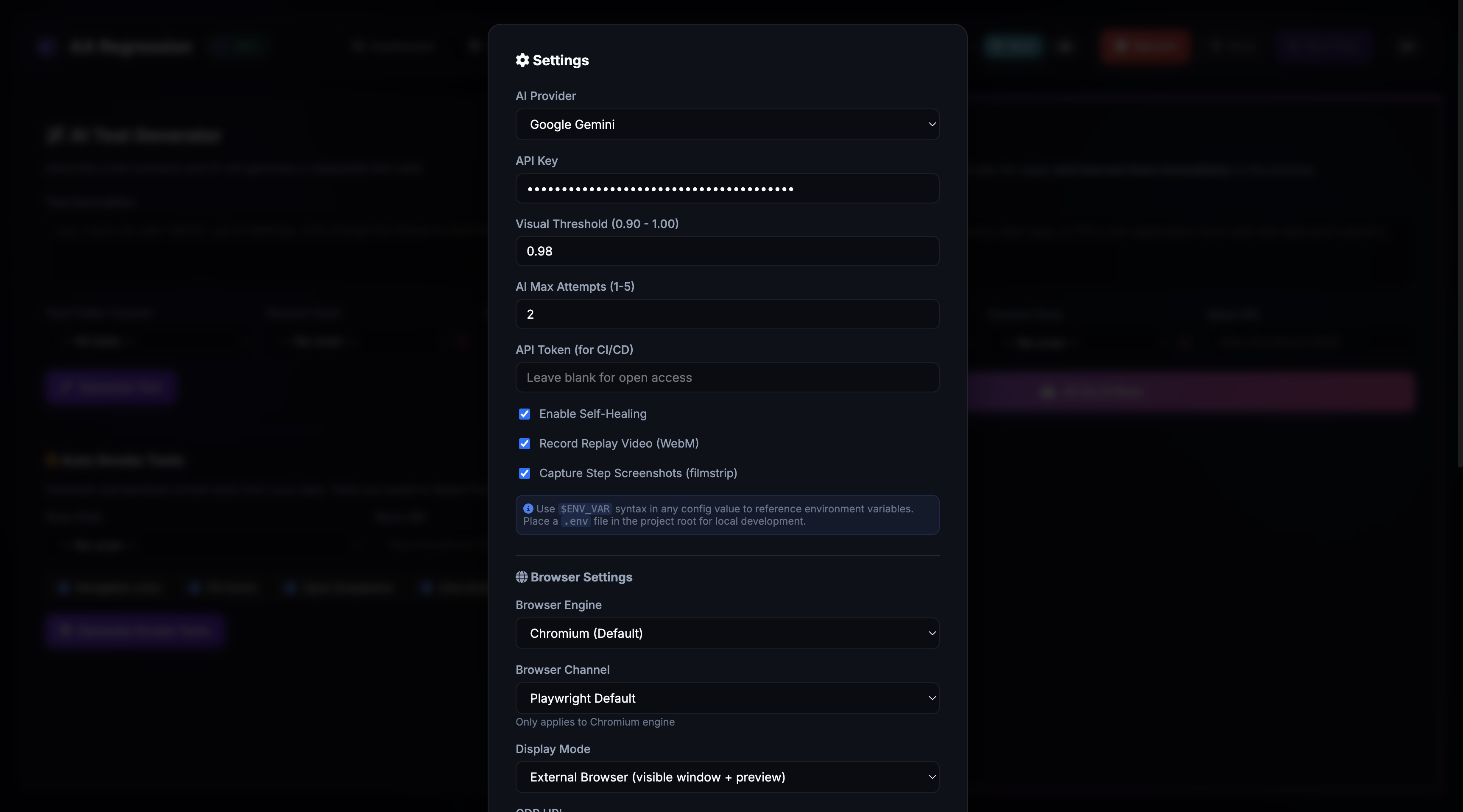 Settings modal showing AI provider selection, API key, visual threshold, browser engine, and display mode