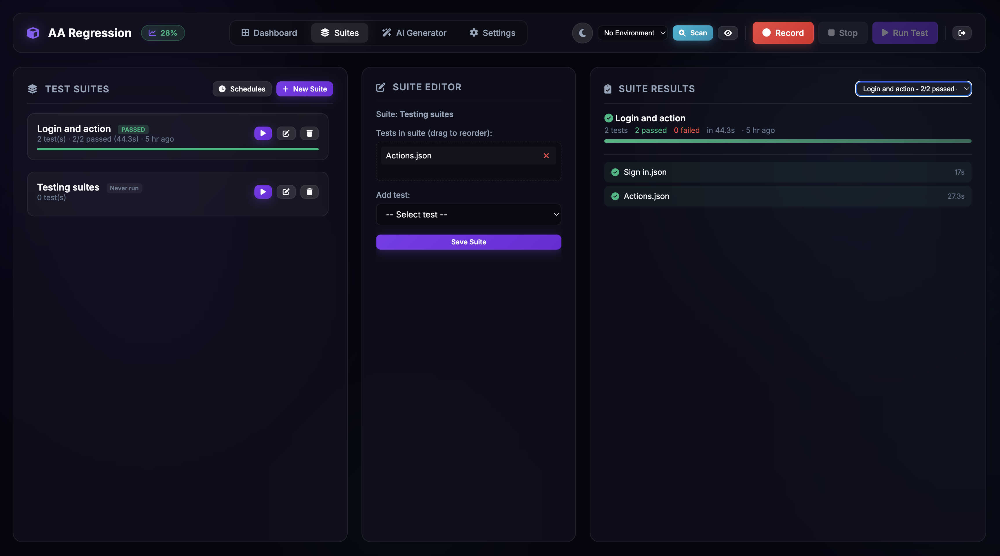 Suite Management with test suites, schedules, pass/fail results, and parallel execution